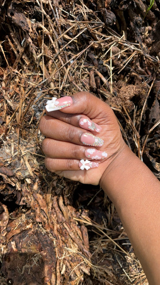 Princess Energy- Press-On Nail Set | 3D Bows, Rhinestones, Glitter & Floral Accents | Barbie Pink Coffin Nails | Handmade Statement Set