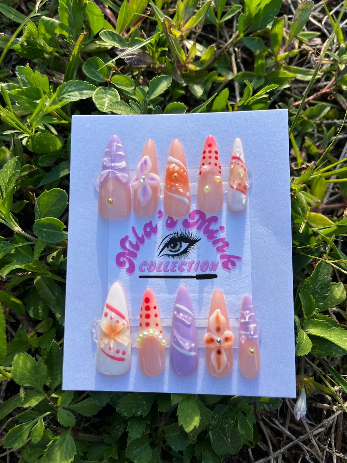 Whimsy Bloom- Handmade 3D Floral Press-On Nails | Peach & Lilac Stiletto Nails | Luxury Nail Art | Reusable Custom Press Ons