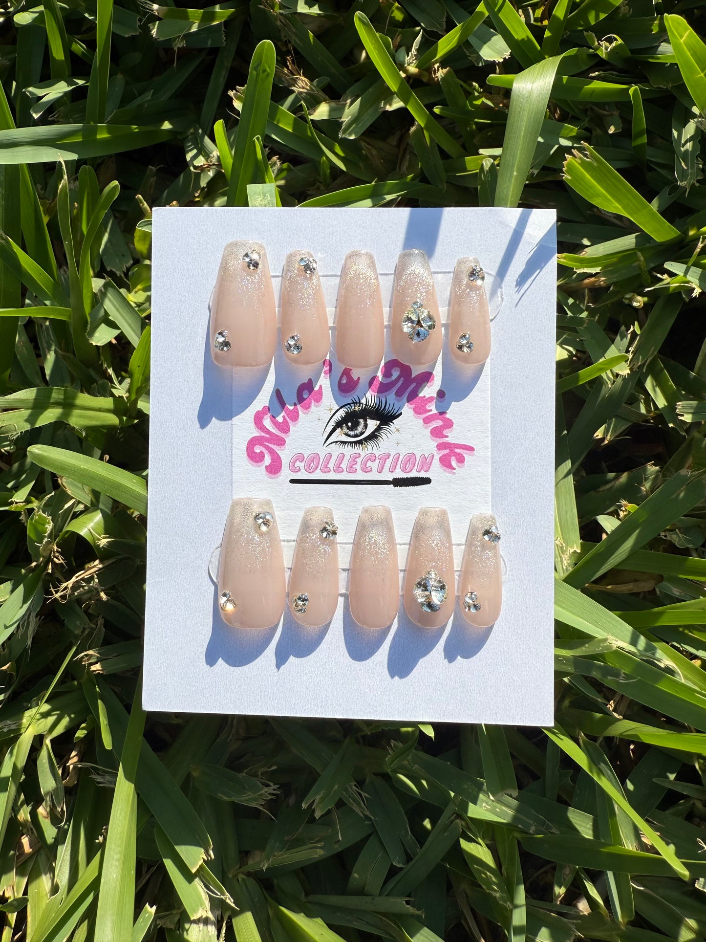 Champagne Crystal Glitz Press-On Nail Set | Nude Glitter Fade, Rhinestone Accents | Classy Coffin Nails | Handmade Glam Set