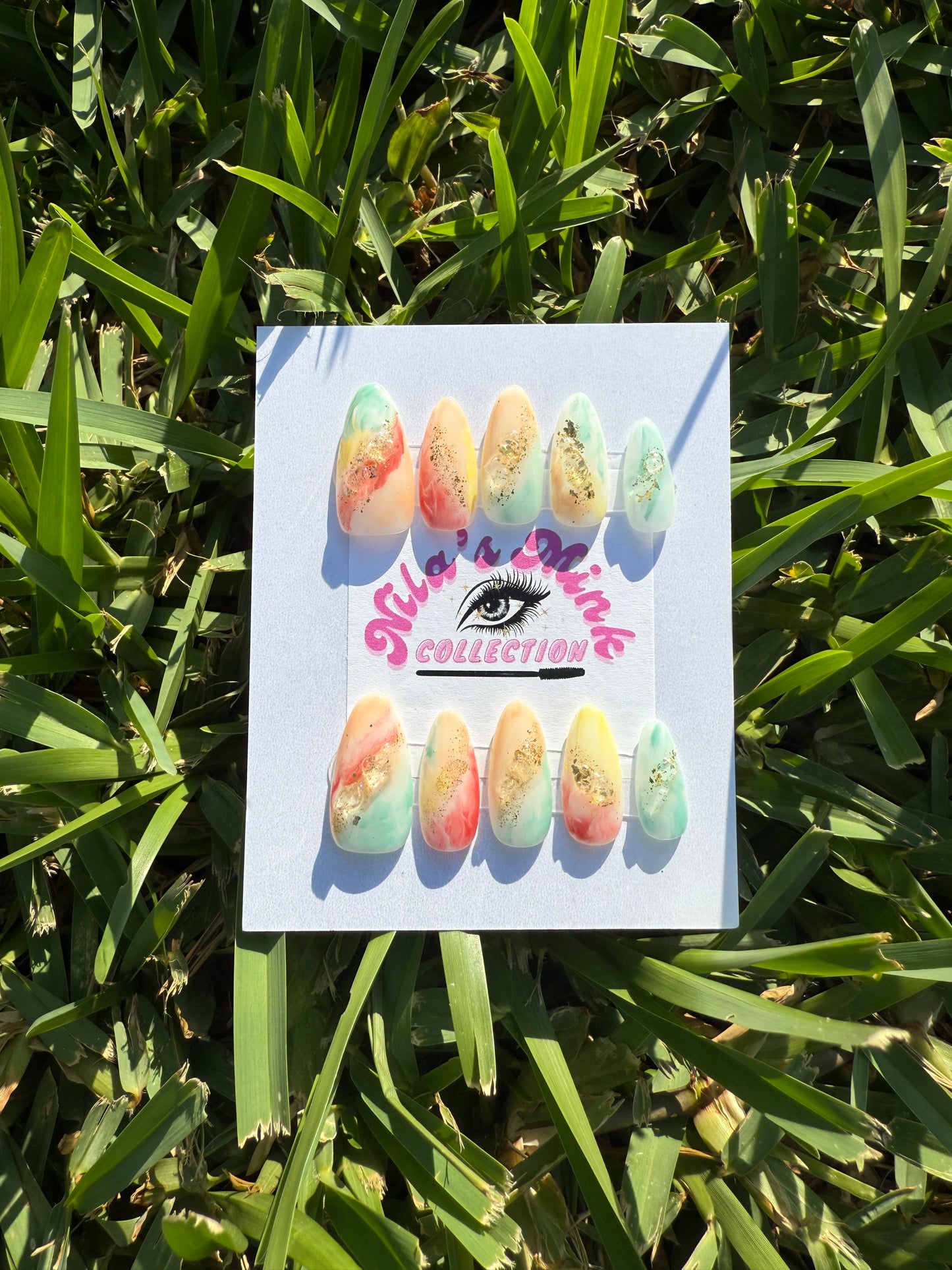 Tropical Mirage Press-On Nail Set | Watercolor Pastels with Gold Foil | Soft Almond Shape | Handmade Dreamy Nails