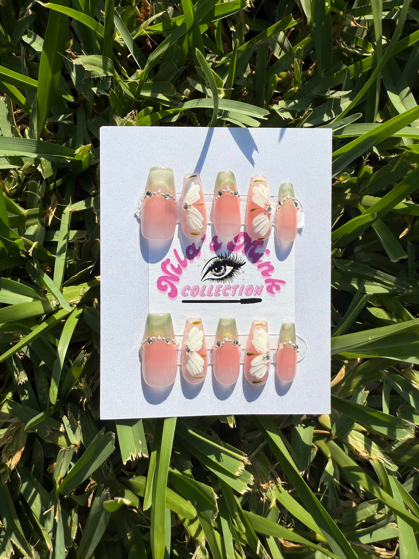 Sage Blossom” Press-On Nail Set | Green French Tips, 3D Flowers & Pearls | Blush Ombre Coffin Nails | Handmade Floral Glam Set
