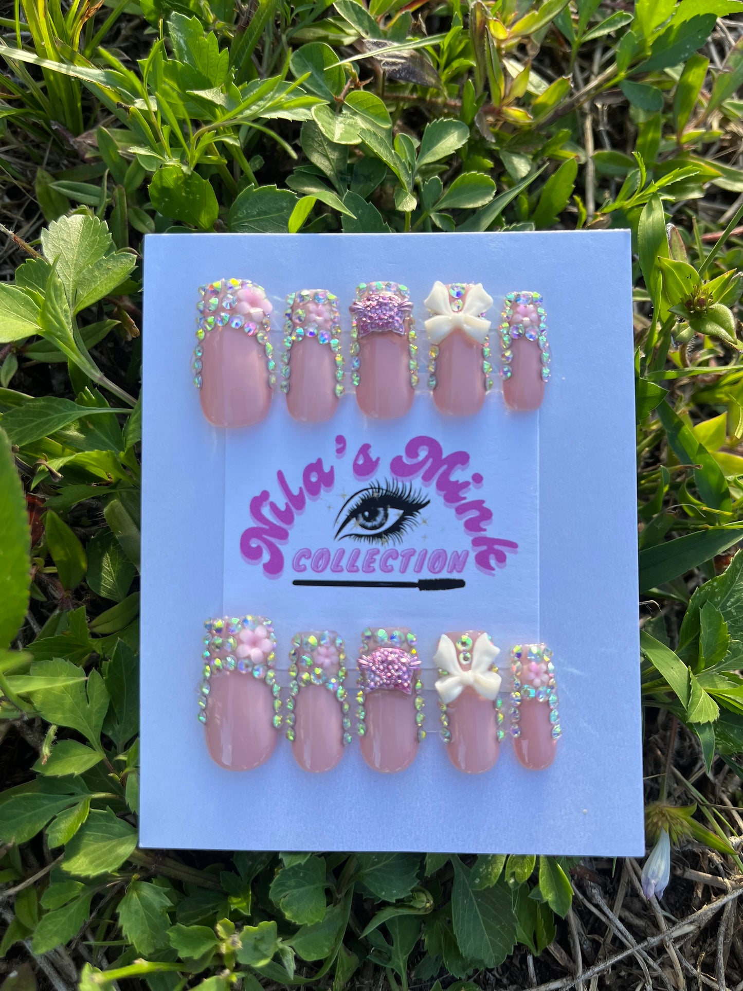 Candy Garden- Luxury Rhinestone Press-On Nails | Pink 3D Floral & Bow Nails | Handmade Bling Nail Set | Custom Reusable Nails