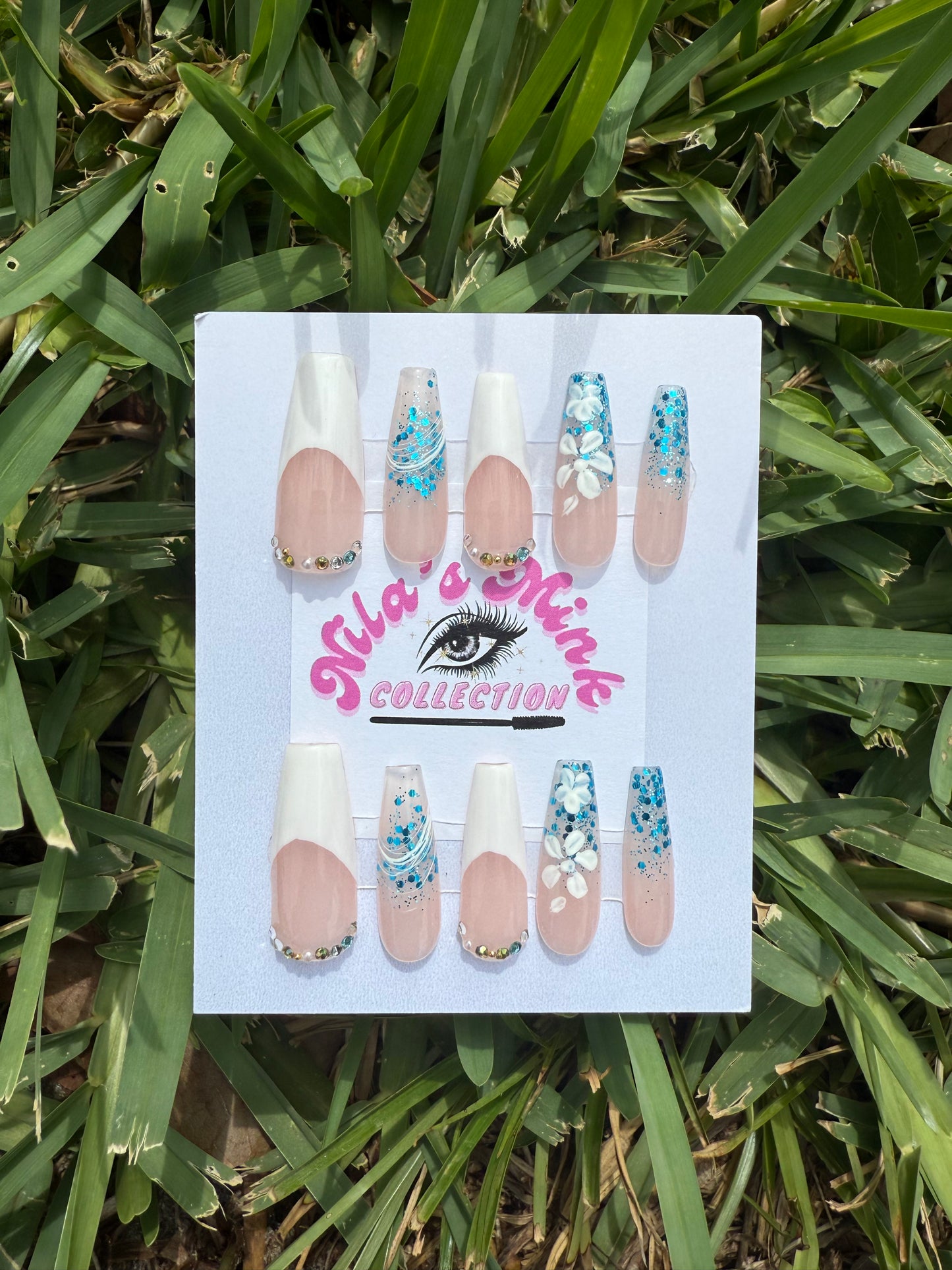 Frozen Bloom Press-On Nail Set | Blue Glitter, 3D Flowers & White French Tips | Nude Base | Coffin Shape