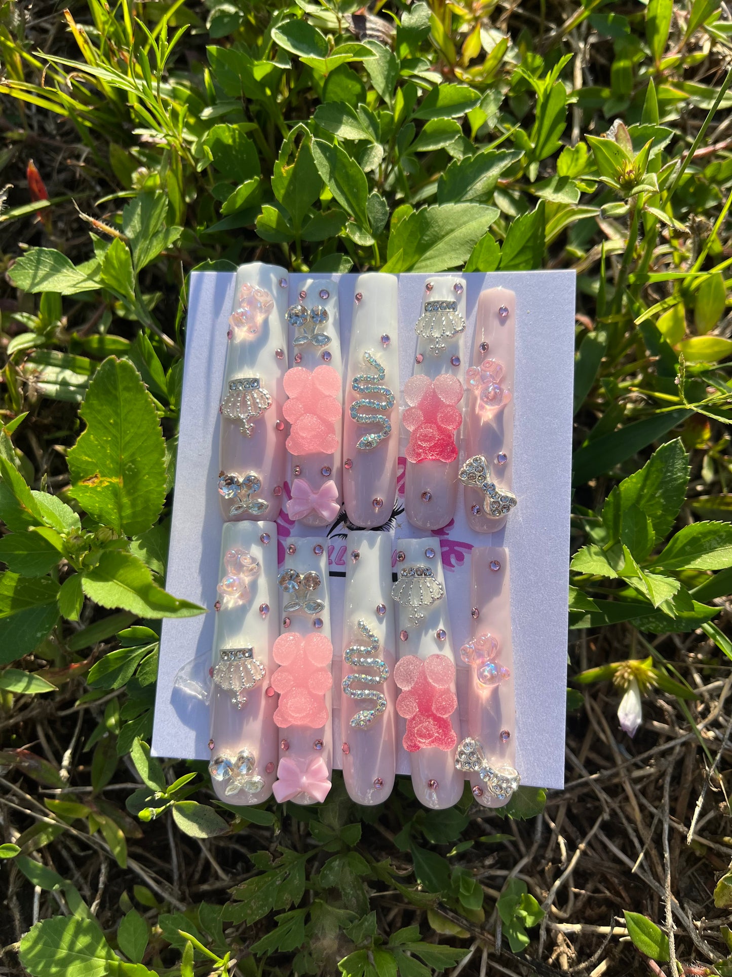 Sugar Baby- Press-On Nail Set | Pastel Pink 3D Bears, Charms & Rhinestones | Long Kawaii Nails | Handmade Y2K Aesthetic Press Ons