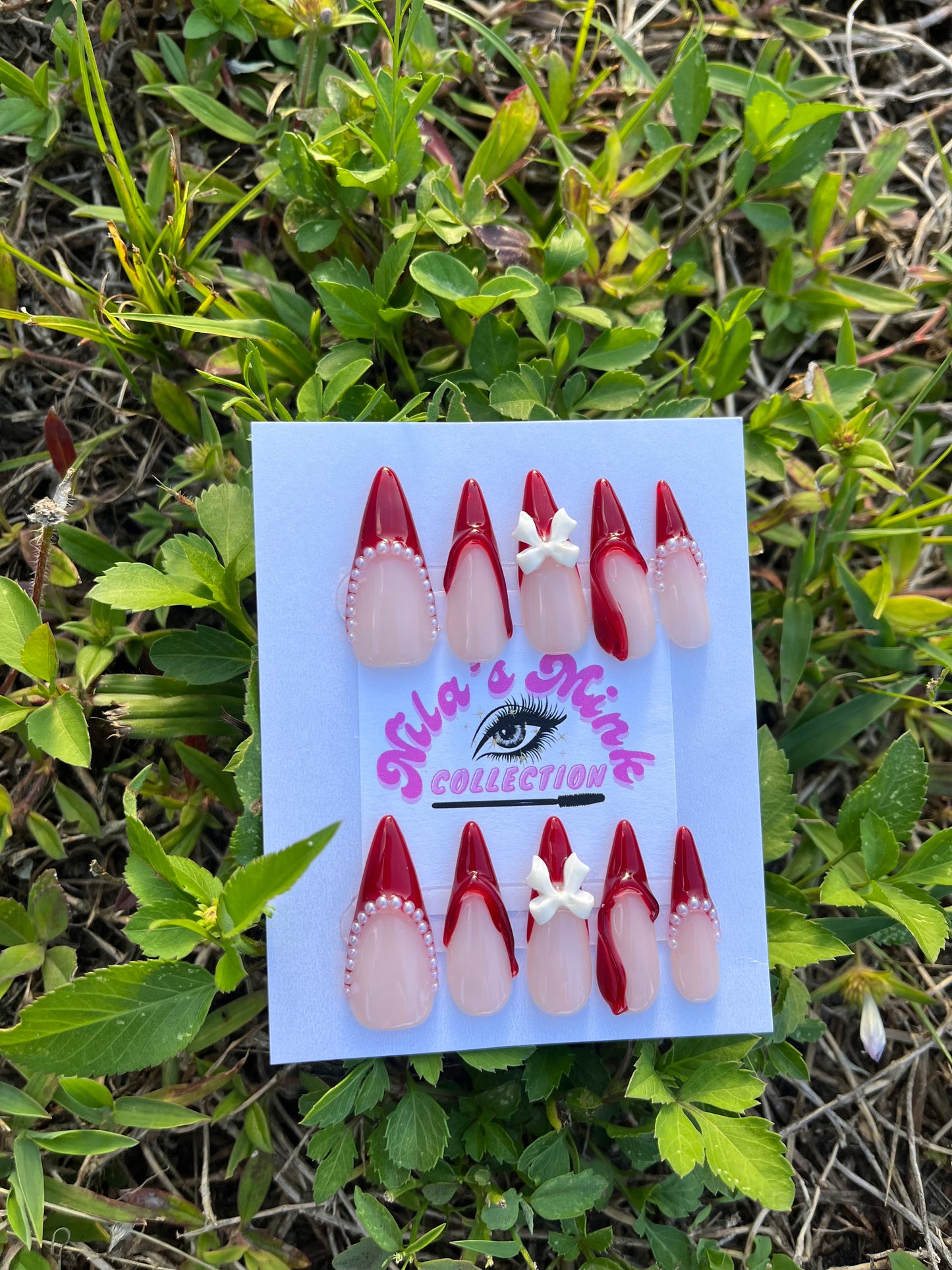 Red Velvet Kiss-Press-On Nail Set | Red French Tips, Pearls & 3D Bow | Classy Stiletto Nails | Handmade Glam Set