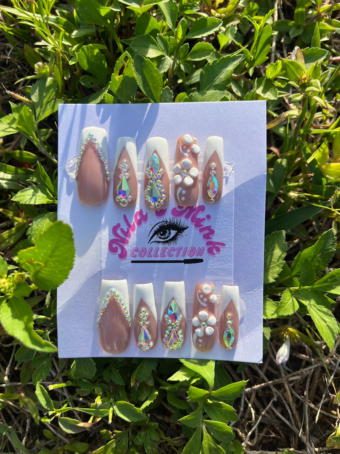 Bling Bouquet- White Luxe 3D Press-On Nails | Nude & Pearl Flower Nail Set | Rhinestone French Tip Press Ons | Handmade Glam Nails