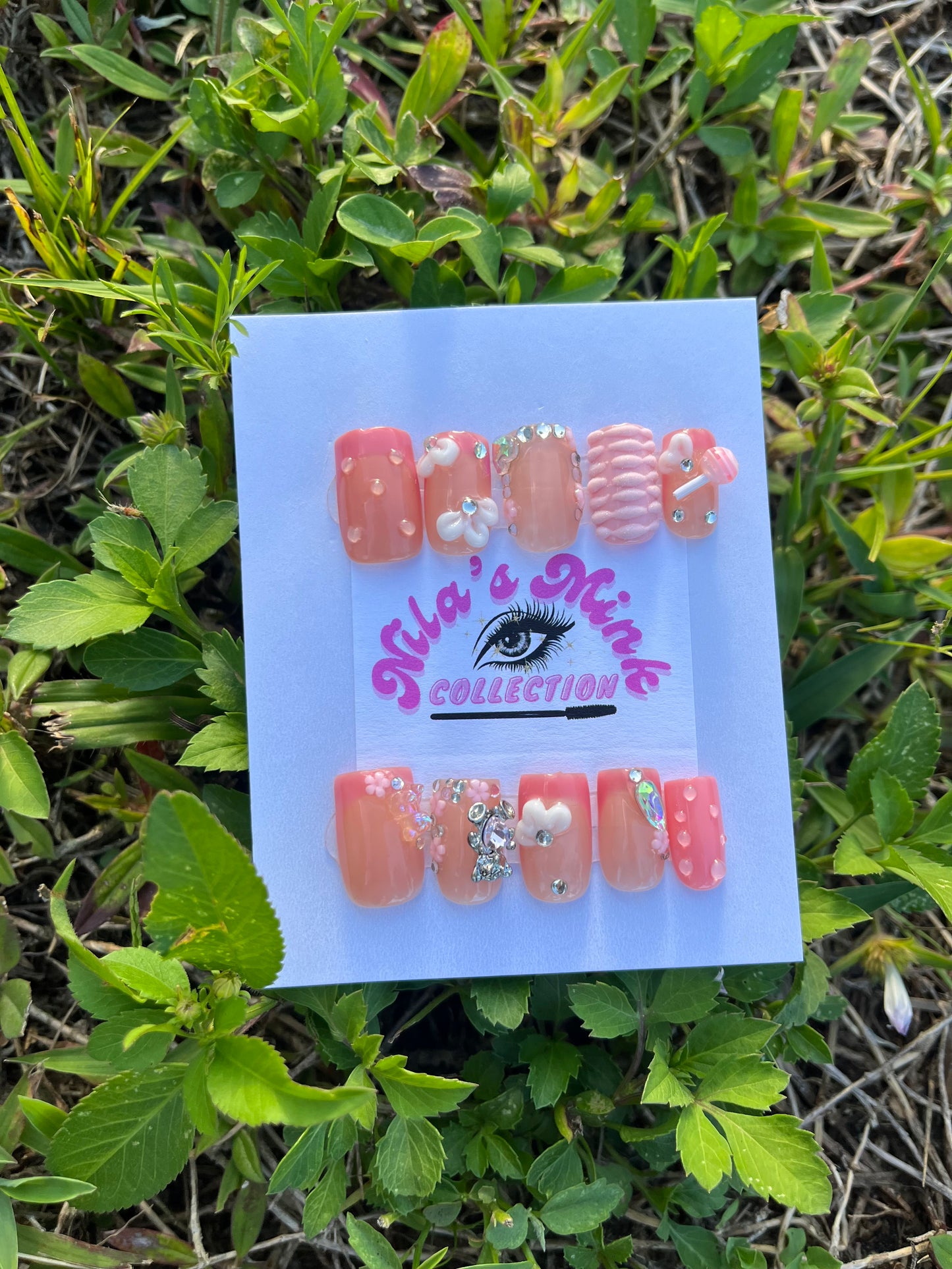Peachy Princess-Press-On Nail Set | 3D Flowers, Pearls, Bows & Crystals | Handmade Short Cute Nails | Soft Coral Aesthetic