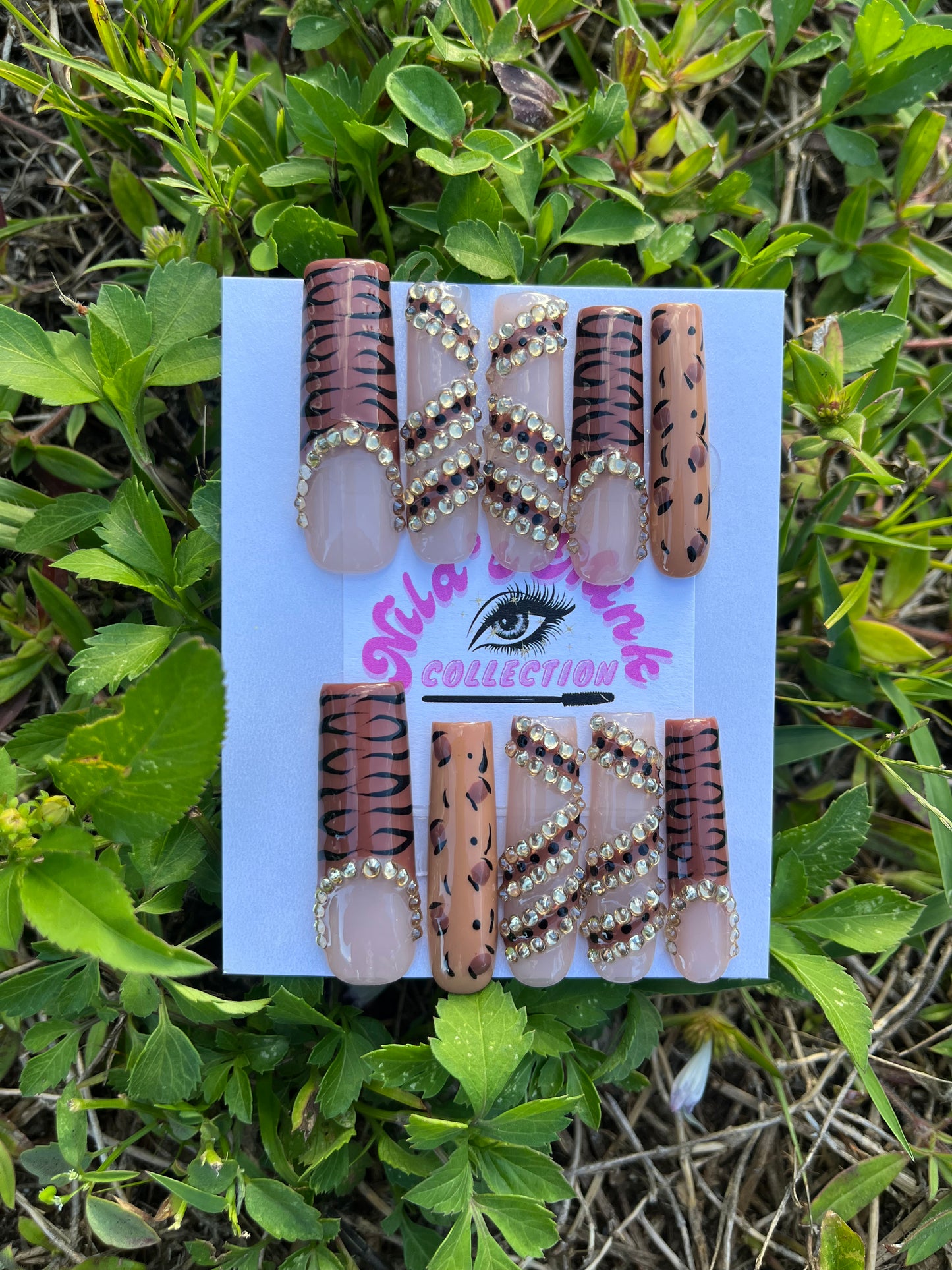 Baddie In The Wild- Animal Print Rhinestone Press-On Nails | Brown Safari Glam Nails | Leopard & Tiger Bling Press Ons | Handmade Nail Set