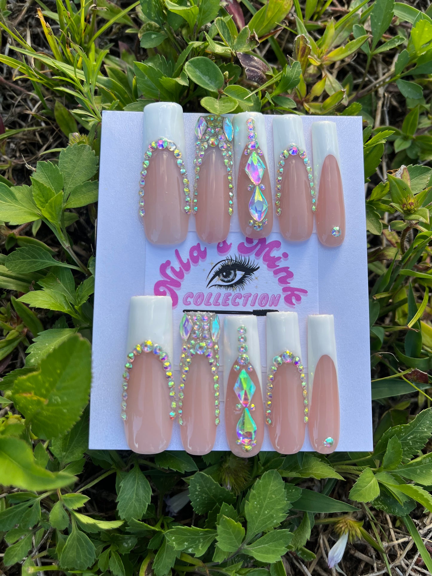 Crystal Couture- Crystal French Tip Press-On Nails | White & Nude Bling Nails | Rhinestone Bridal Press Ons | Handmade Luxury Nail Set
