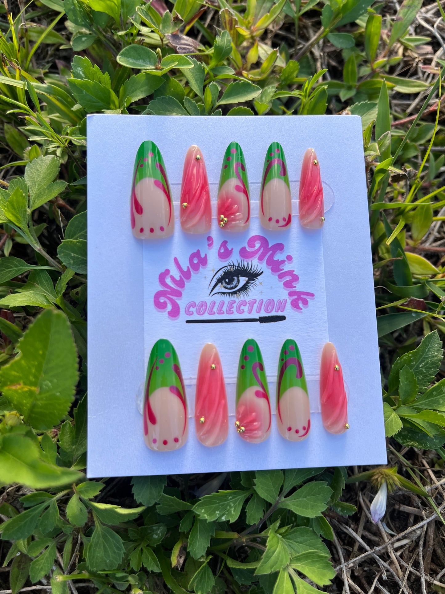 Swirl Babe- Pink Swirl Floral Press-On Nails | Tropical Green & Nude Nails | Gold Stud Accent Nails | Handmade Summer Nail Set