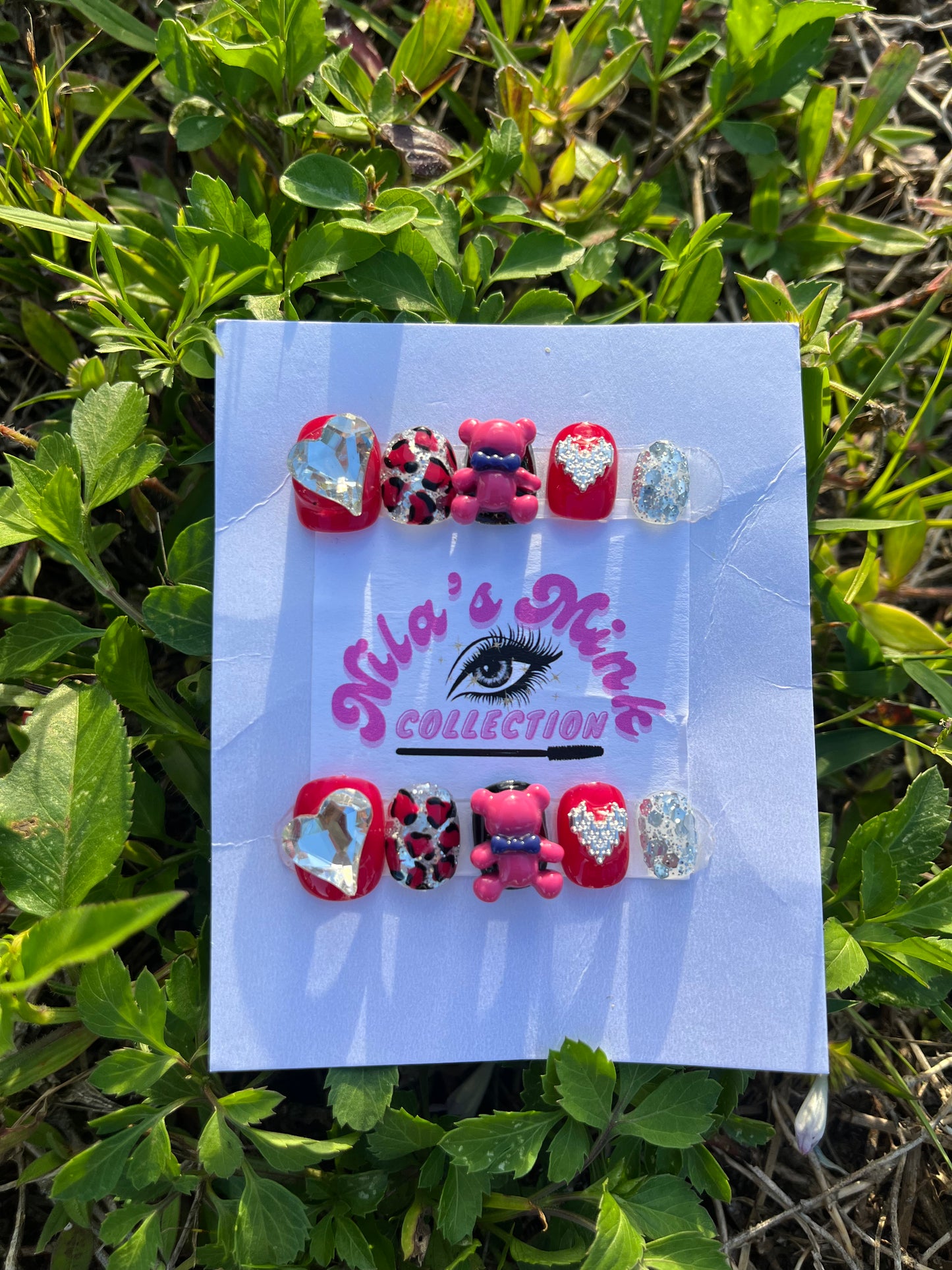 Wild & Sweet- Red Leopard Teddy Press-On Nails | 3D Bear and Heart Nail Art | Y2K Glam Nails | Handmade Kawaii Press On Set
