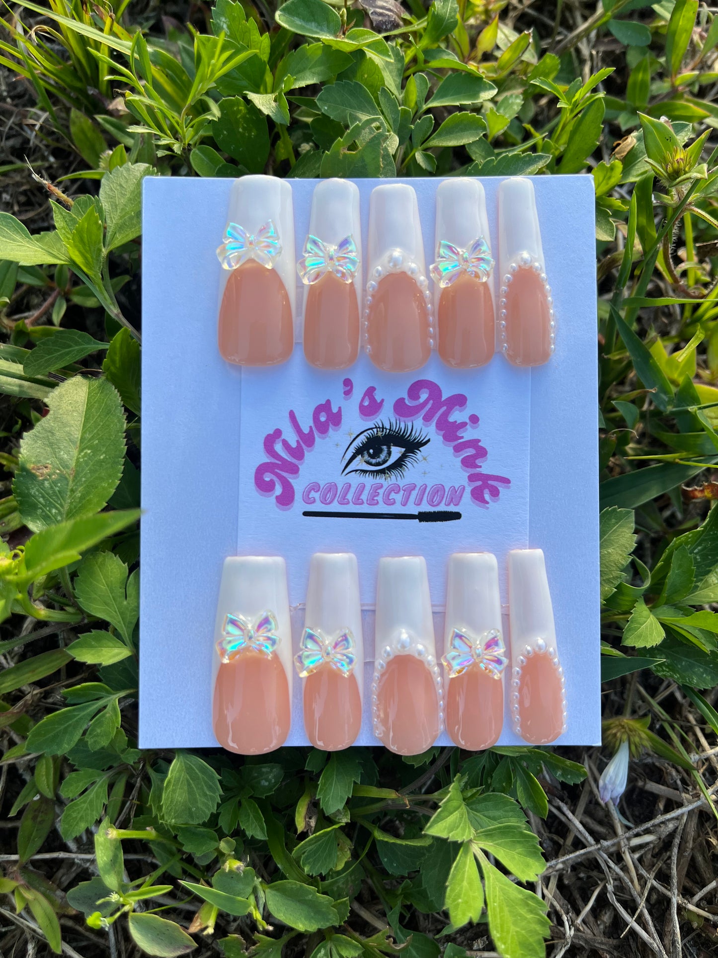 Butterfly Kisses” Pearl French Tip Press-On Nails | Iridescent Bow Nails | Bridal White & Nude Press Ons | Handmade Luxury Nail Set