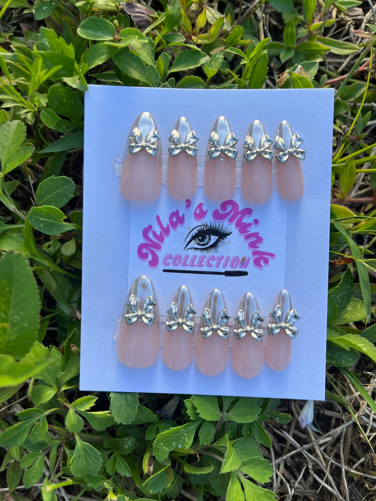 Silver Charm- Chrome Bow Press-On Nails | Silver Tip Nude Nails | Metallic 3D Bow Nail Set | Handmade Custom Press Ons