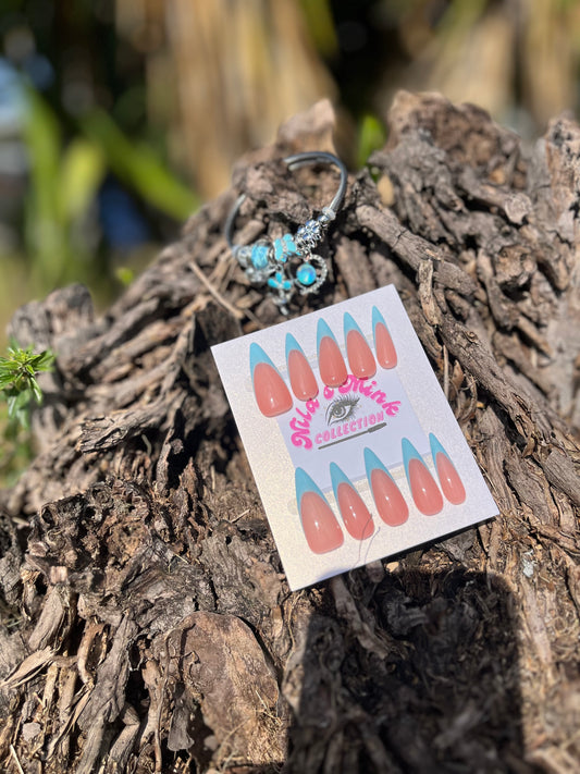Skyline Frenchie Press-On Nail Set | Long Stiletto Blue French Tips | Nude & Sky Blue | Trendy Everyday Nails (FREE BRACELET)