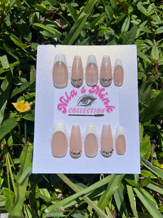 Crystal Chic –Press-On Nail Set | Nude & White French Tips with Rhinestone Accents | Glamorous Everyday Nails