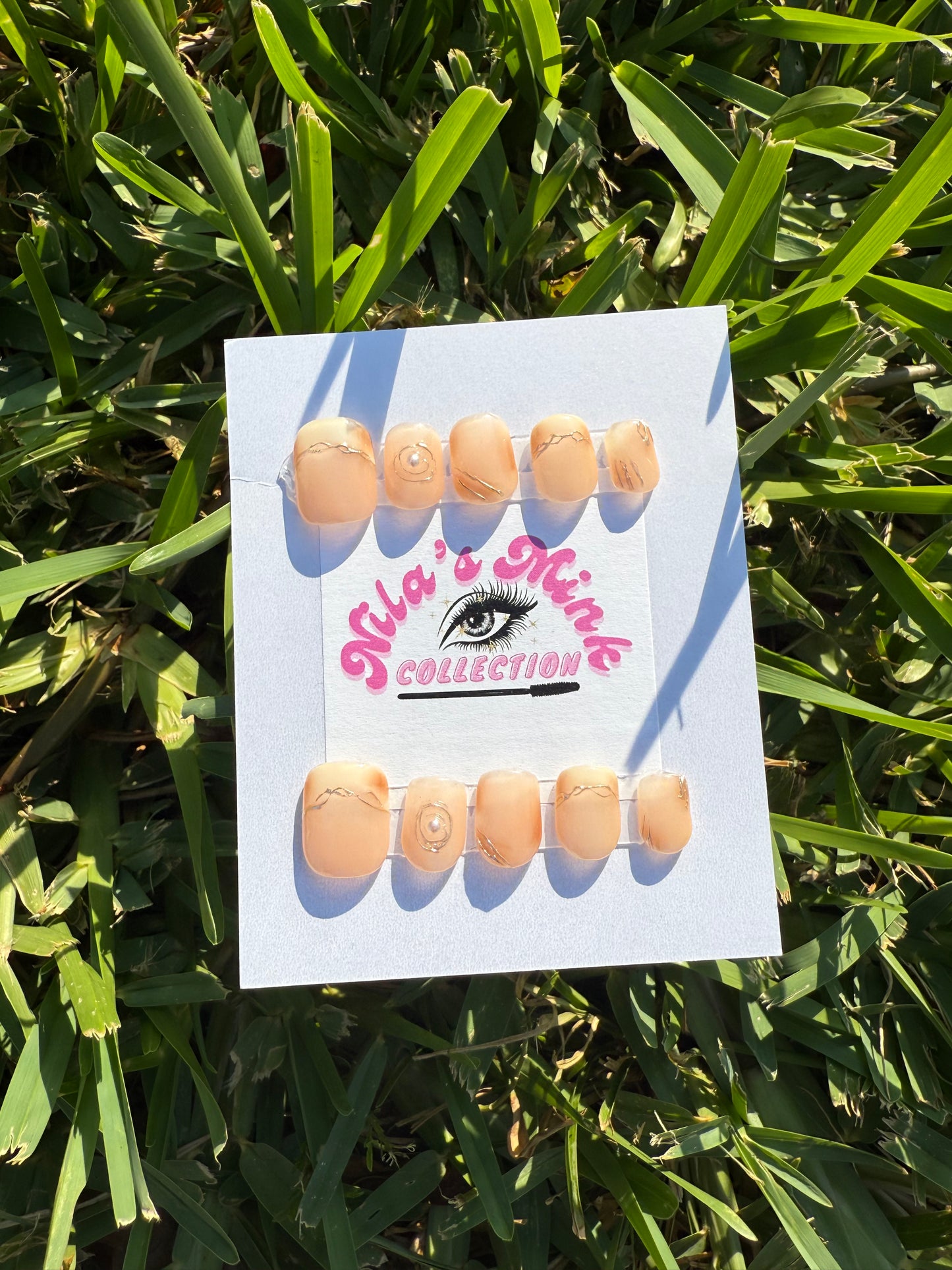 Golden Peach Elegance Press-On Nail Set | Nude Peach with Gold Foil & Clear Accent | Minimalist Luxe | Short Square Shape