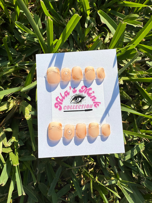 Golden Peach Elegance Press-On Nail Set | Nude Peach with Gold Foil & Clear Accent | Minimalist Luxe | Short Square Shape