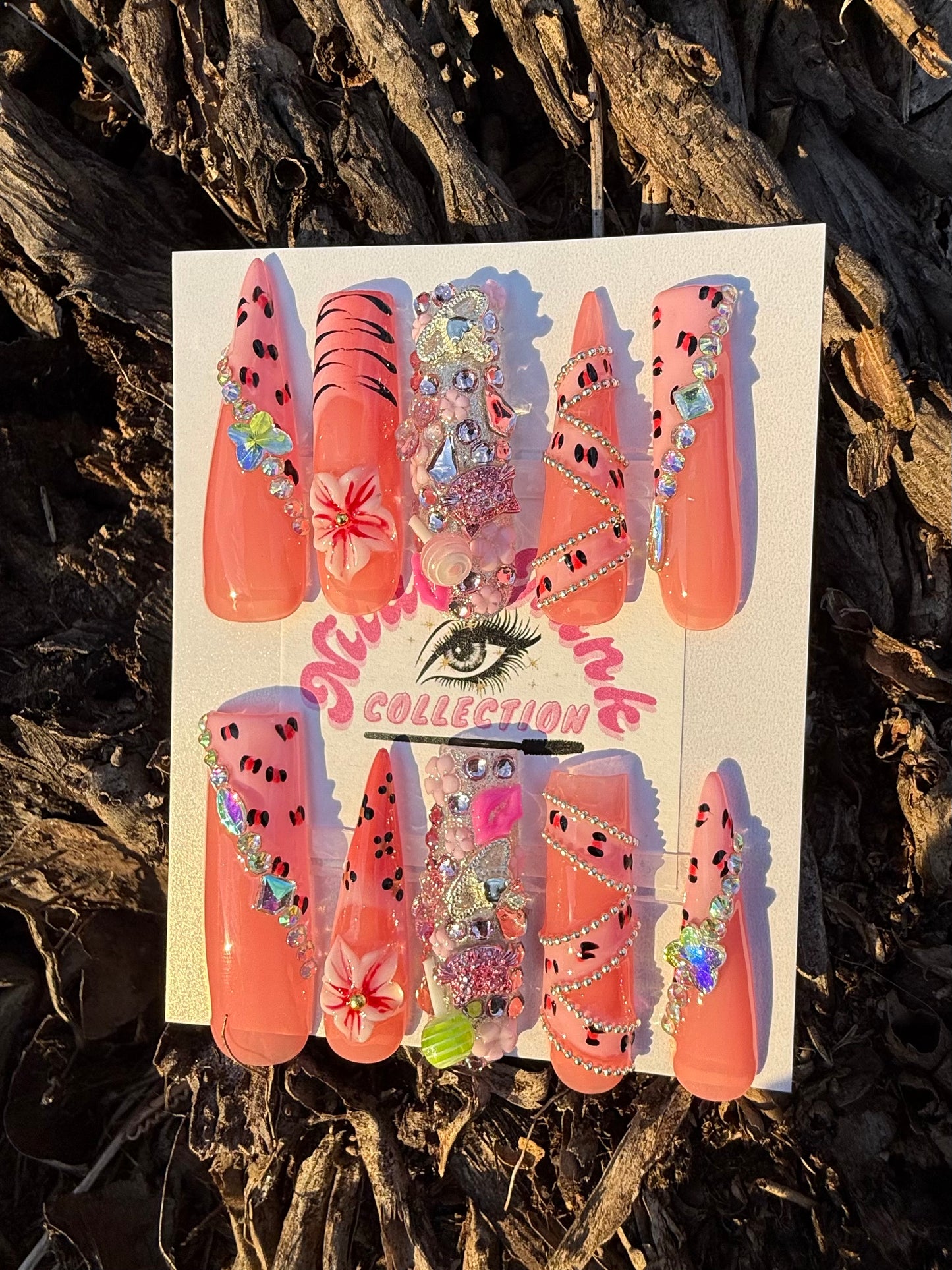 Sweetheart Kitty Press-On Nail Set | Long Coffin | Pink Charm Glam
