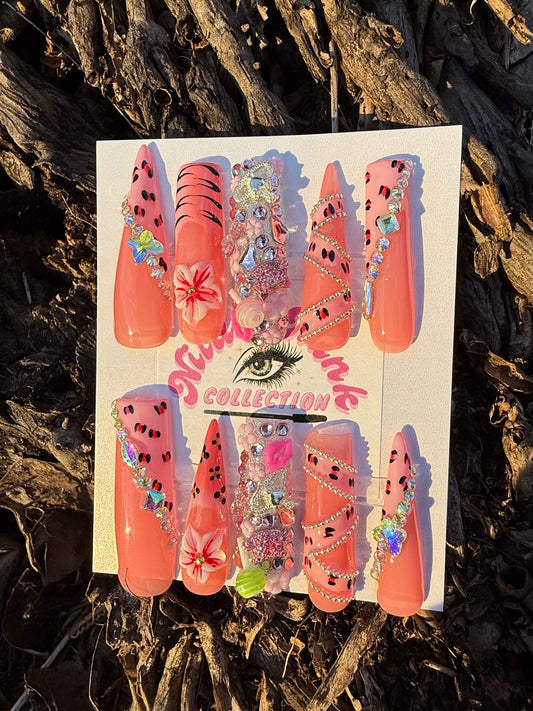 Sweetheart Kitty Press-On Nail Set | Long Coffin | Pink Charm Glam