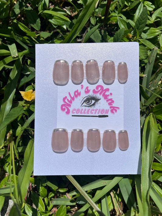 Silver Smoke- Press-On Nail Set | Nude Nails with Chrome Tips | Modern Chic