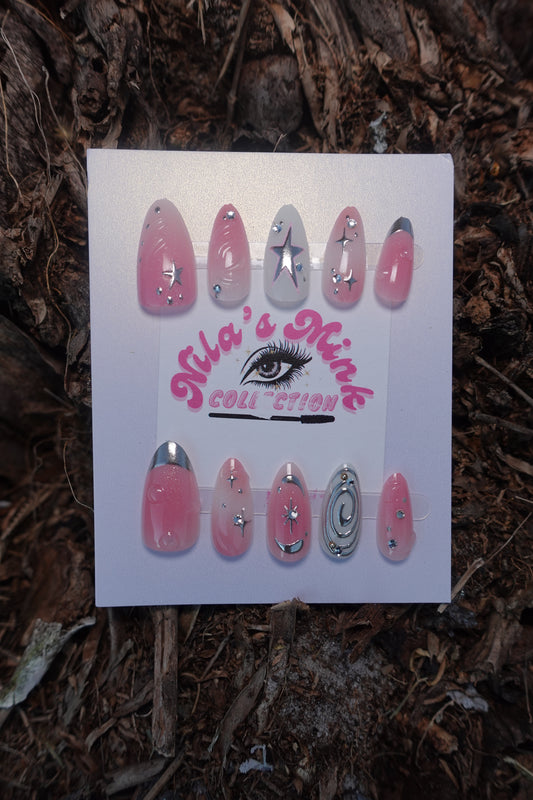 Cosmic Pink Star Press-On Nail Set | Pink Chrome Nails | 3D Silver Stars | Celestial Glam Nails (FREE PURSE)
