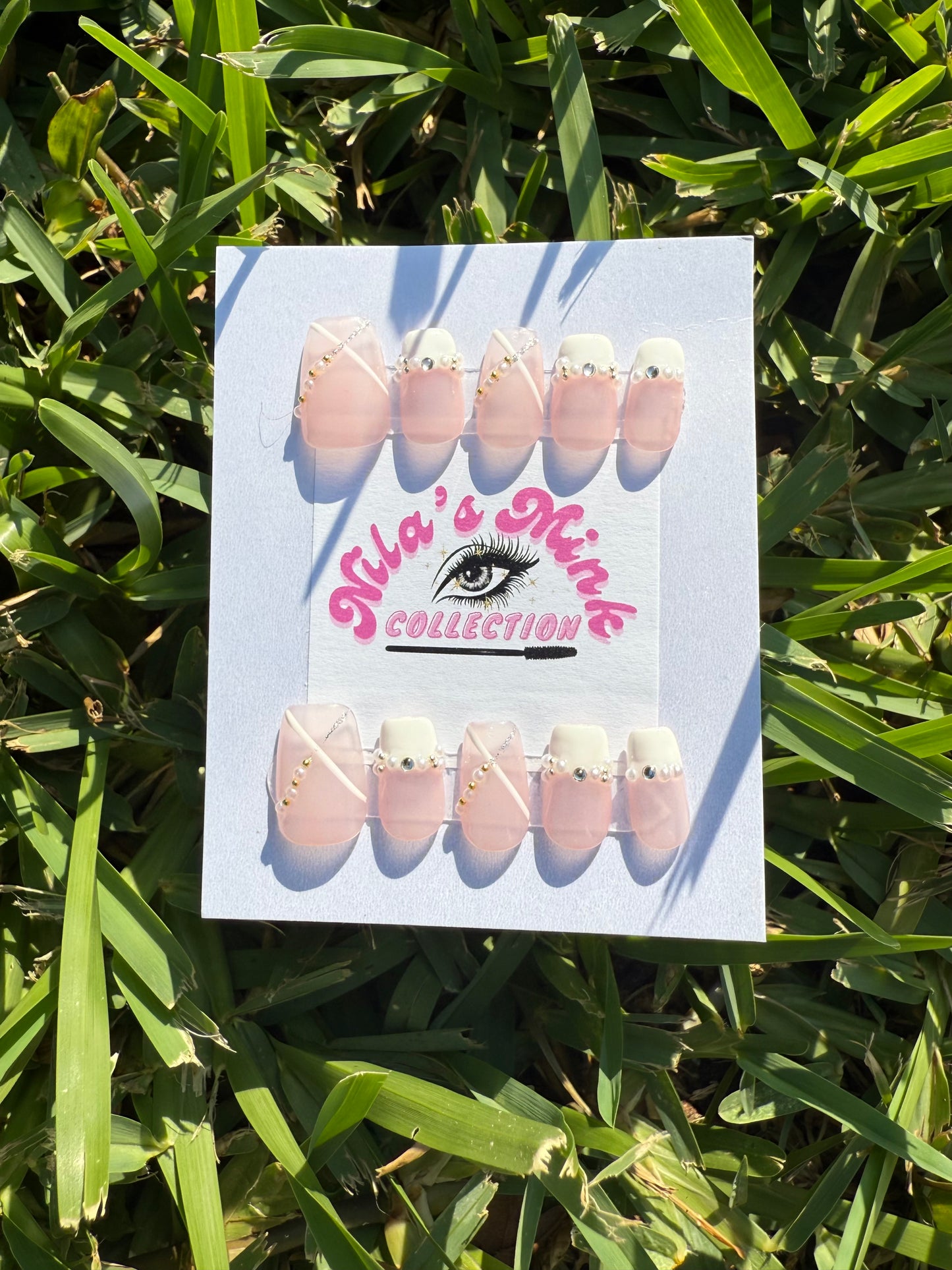 Blush Royale Press-On Nail Set | Soft Pink Base, White Tips & Gold Stud Accents | Classy Oval Nails | Handmade Chic Set