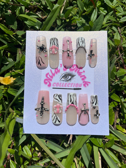 Wild Faith” Press-On Nail Set | Zebra Print & Cross Charms | Nude & Pink | Statement Nails