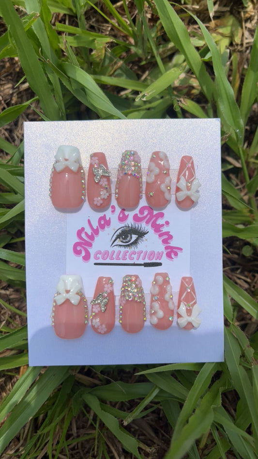 Princess Energy- Press-On Nail Set | 3D Bows, Rhinestones, Glitter & Floral Accents | Barbie Pink Coffin Nails | Handmade Statement Set