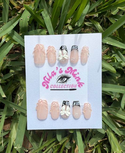 Midnight Blossom Press-On Nail Set | Nude Base with Black Tips, 3D Flowers & Pearls | Short Square Shape
