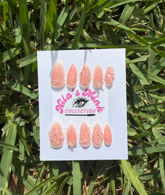 Peach Blossom Whirl Press-On Fingernail Set | Glossy Coral with 3D Floral Art & Swirl Accents | Almond Shape
