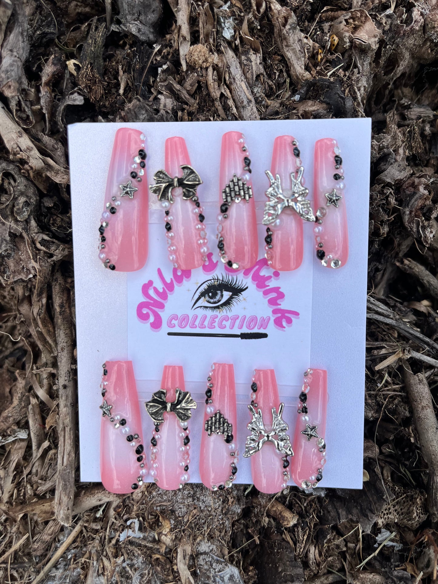 Edgy Pink Glam Press-On Nail Set | Pink Chrome Nails | Black & Silver Charms | Baddie Statement Nails (Free Bracelet & Ring)