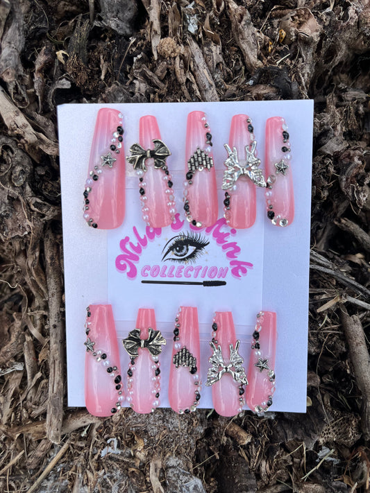 Edgy Pink Glam Press-On Nail Set | Pink Chrome Nails | Black & Silver Charms | Baddie Statement Nails (Free Bracelet & Ring)