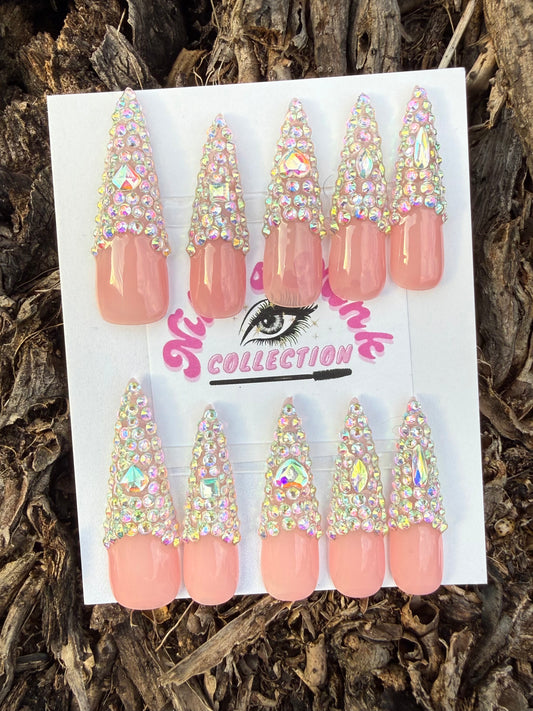 Diamond Drip Pink Press-On Nail Set | Long Coffin | Full Rhinestone Glam