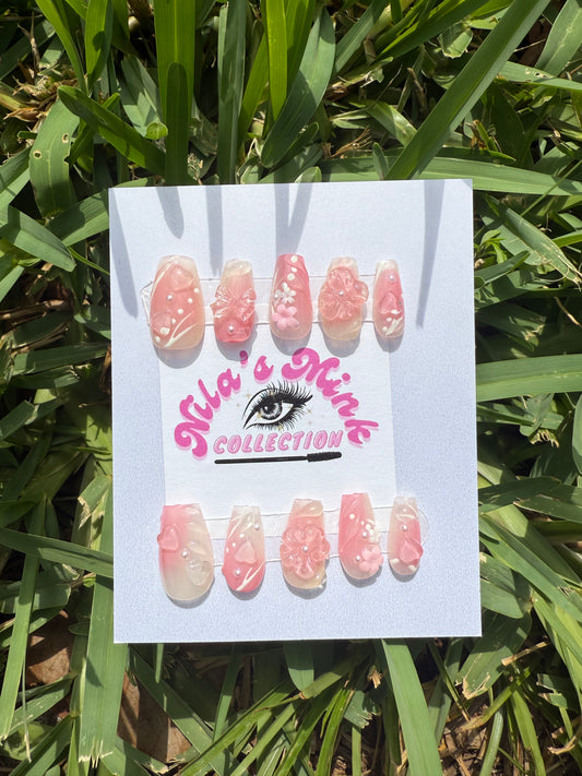 Butterfly Bloom Press-On Fingernail Set | Blush Pink & Nude with 3D Floral, Butterfly & Pearl Accents | Coffin Shape
