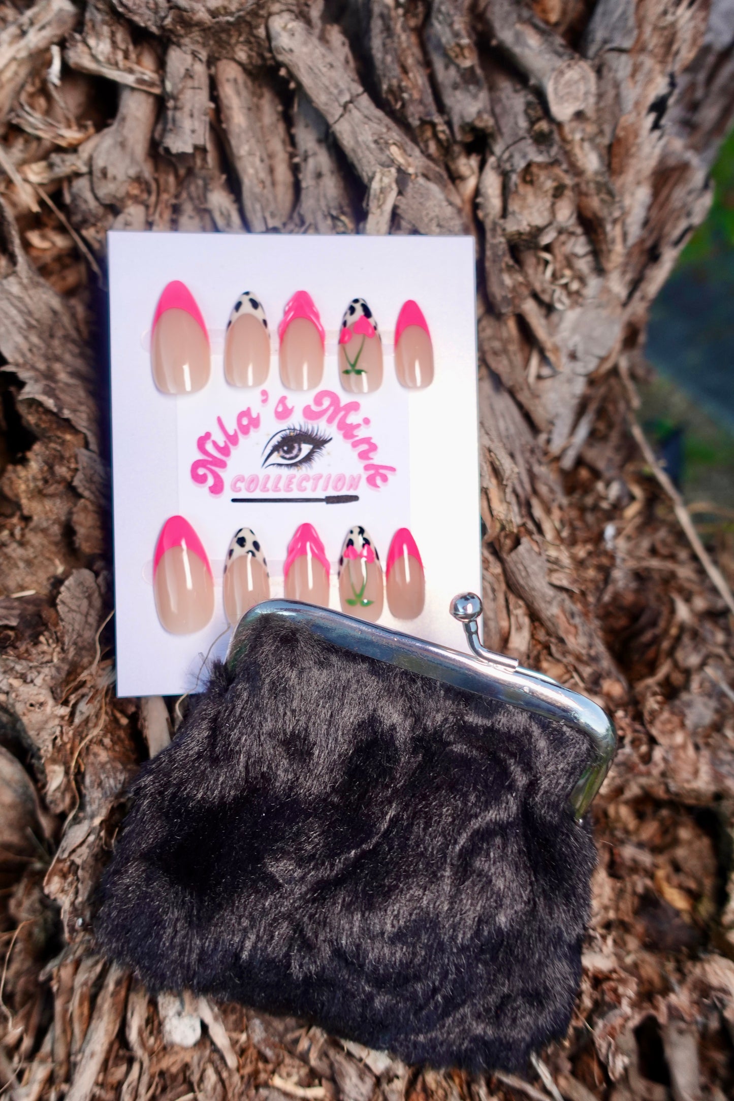Pink Rodeo Glam Press-On Nail Set | Hot Pink French Tips | Cow Print Accent Nails | Floral Western Nail Art (FREE FUR COIN PURSE)