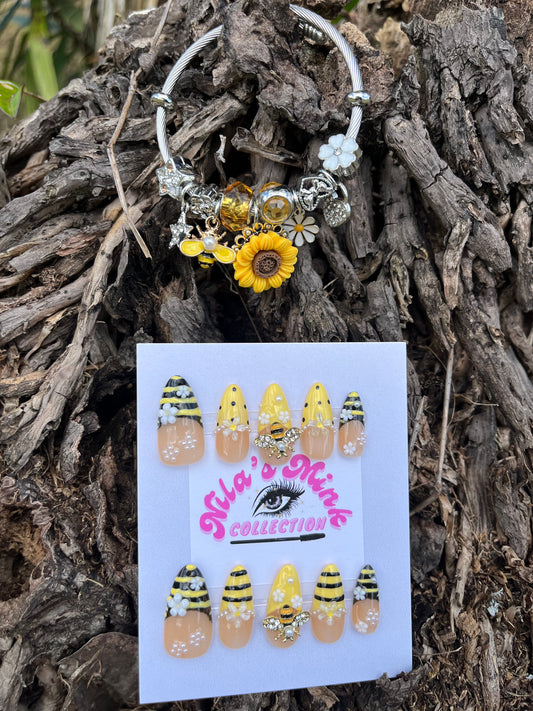Honey Bee Bliss Press-On Nail Set | Yellow & Black Stripes | 3D Bee Charms | Floral Glam Nails (FREE BRACELET)