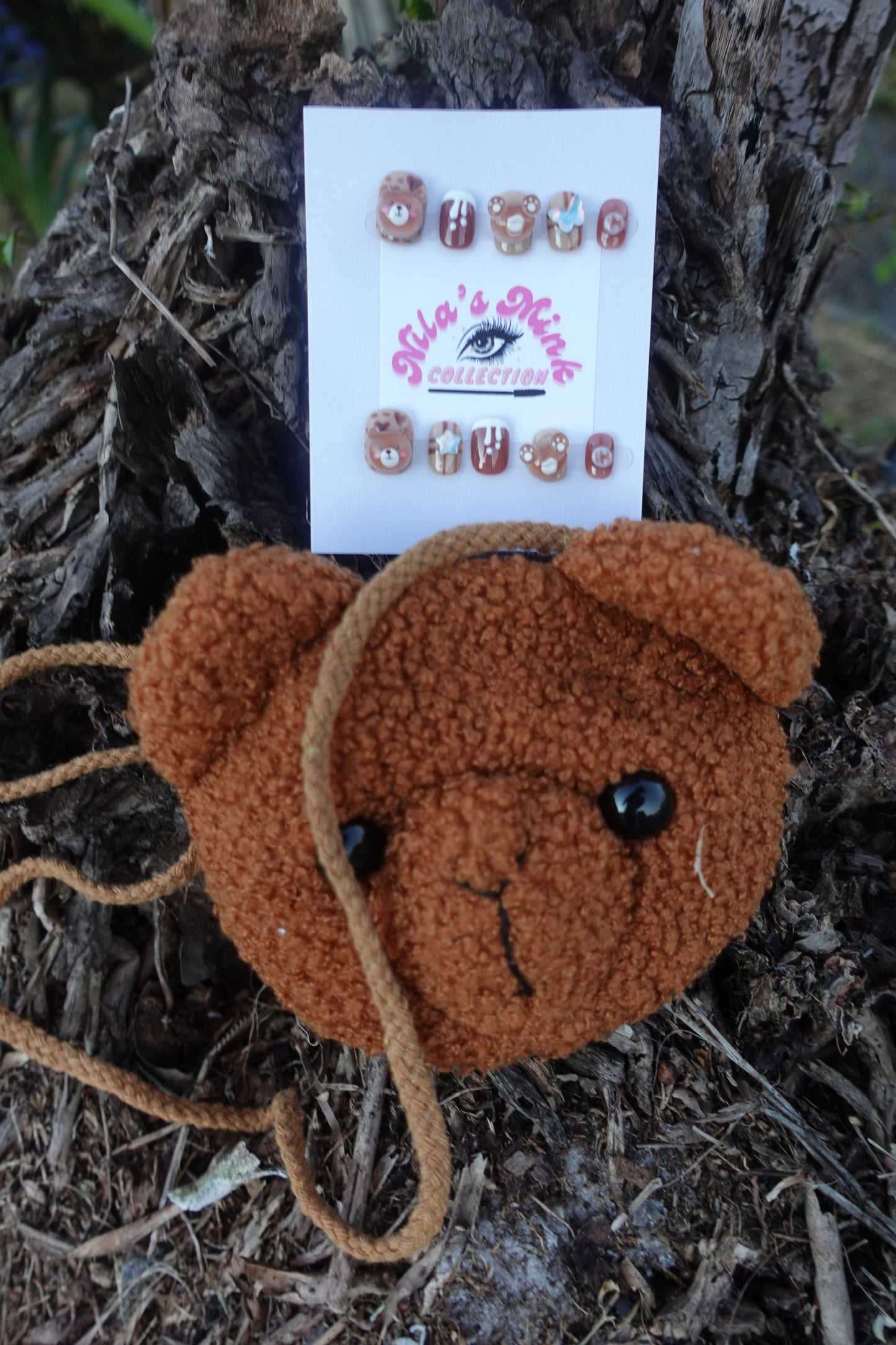 KIDS Honey Bear Dream Press-On Nail Set | 3D Teddy Charms | Brown & Nude Kawaii Nails | Cozy Cute Nail Art (FREE PURSE)