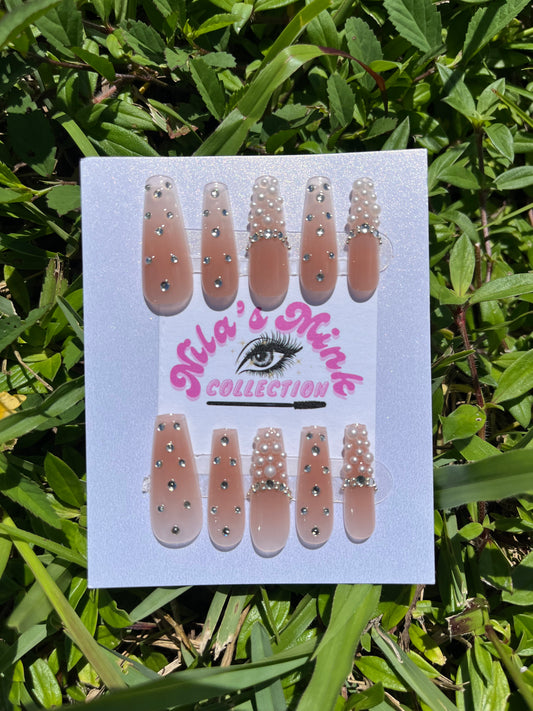 Pearl Drip- Press-On Nail Set | Nude Base, Pearl Clusters & Rhinestone Accents | Long Coffin Nails | Handmade Luxe Set