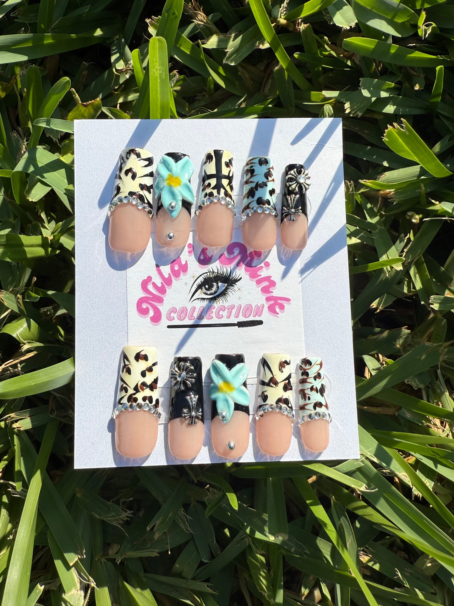 Wild Bloom Press-On Nail Set | Leopard Print, 3D Aqua Flowers & Rhinestone Glam | Bold Mixed Design | Handmade Luxe Nails