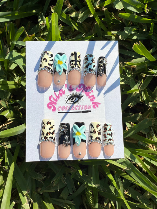 Wild Bloom Press-On Nail Set | Leopard Print, 3D Aqua Flowers & Rhinestone Glam | Bold Mixed Design | Handmade Luxe Nails