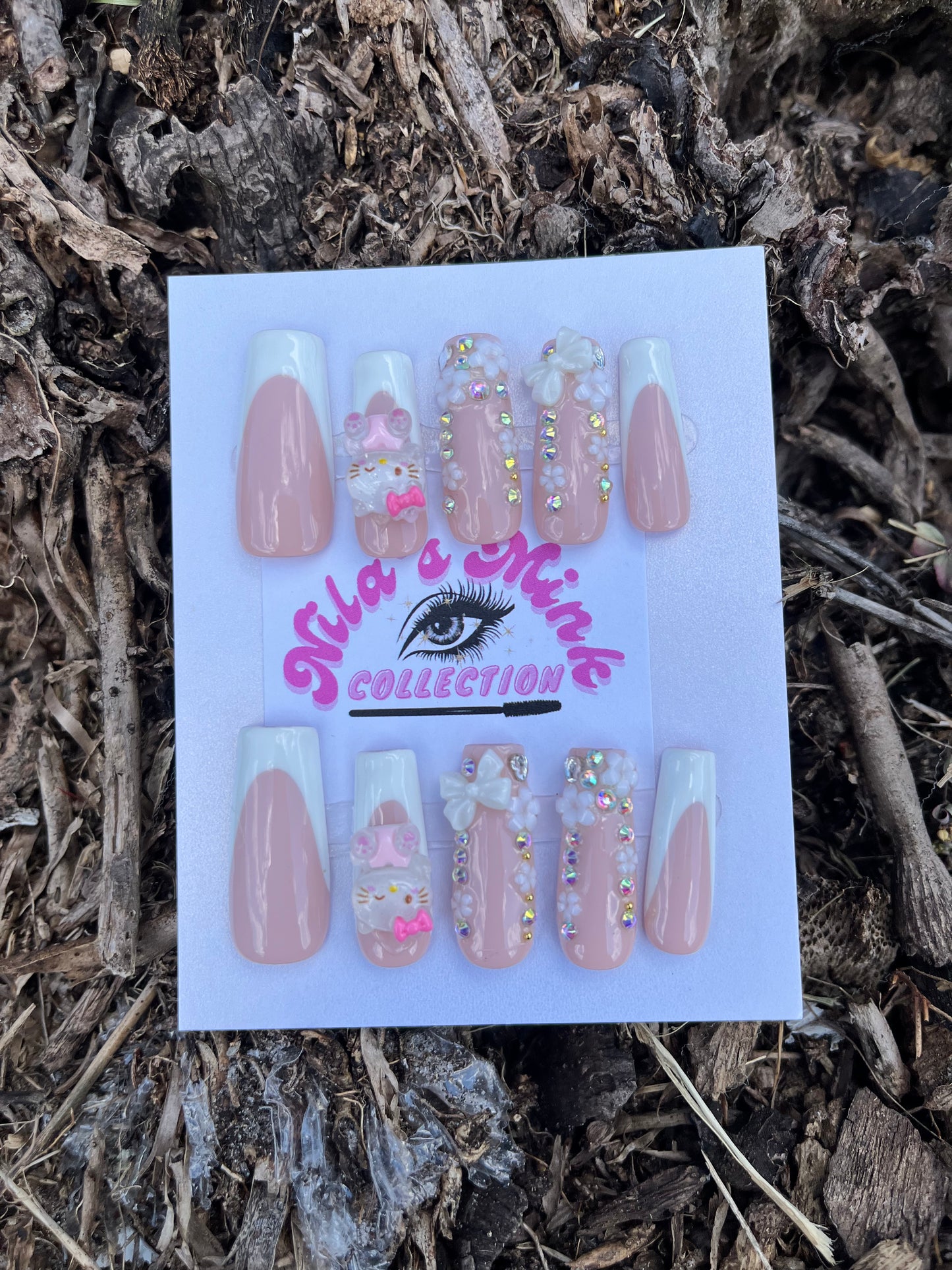 Sweetheart Kitty” Press-On Nail Set | 3D Kitty Charms | Pink & White French Tips | Cute Glam Nails (FREE BRACELET)