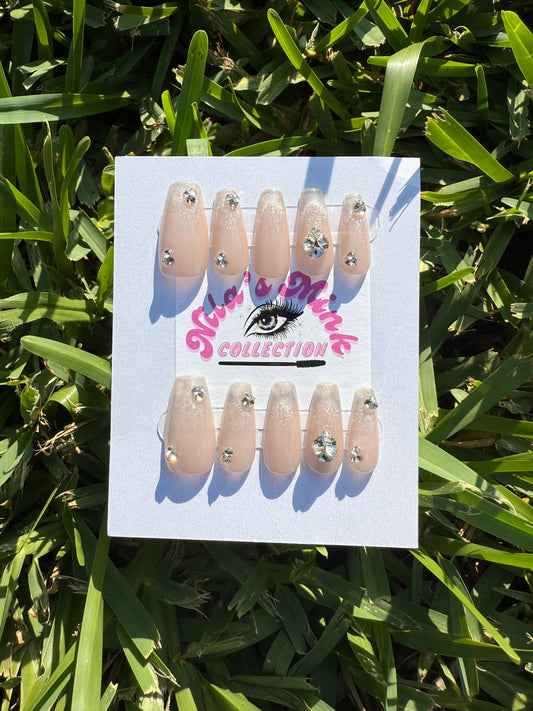 Champagne Crystal Glitz Press-On Nail Set | Nude Glitter Fade, Rhinestone Accents | Classy Coffin Nails | Handmade Glam Set