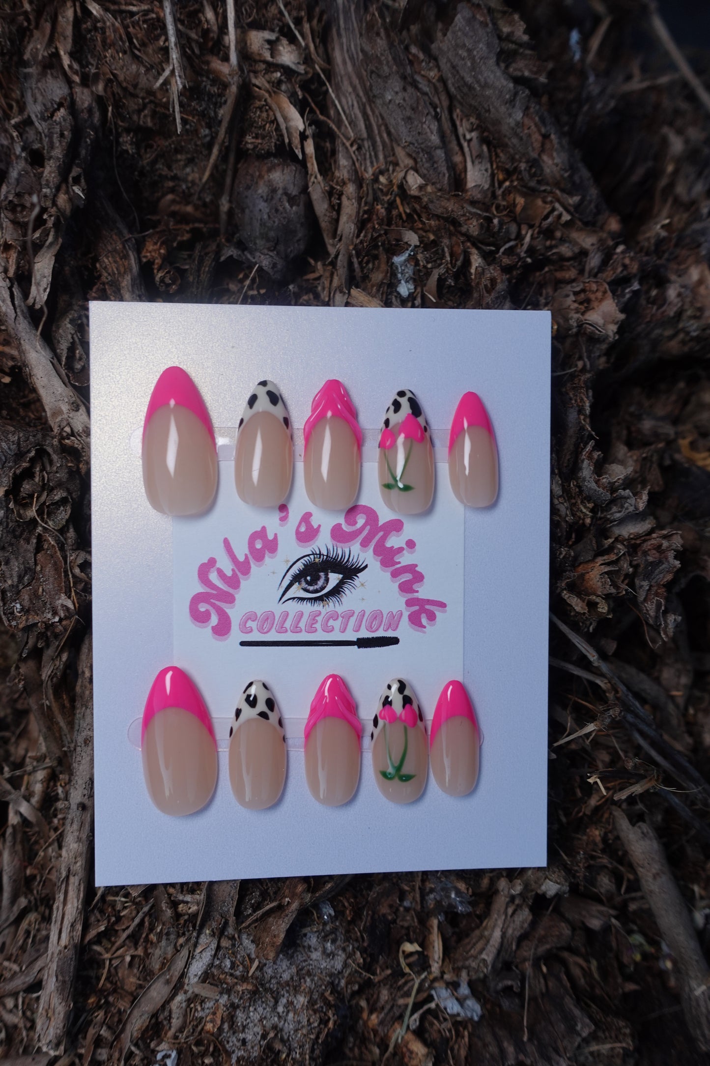 Pink Rodeo Glam Press-On Nail Set | Hot Pink French Tips | Cow Print Accent Nails | Floral Western Nail Art (FREE FUR COIN PURSE)