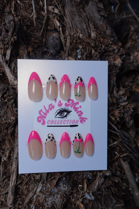 Pink Rodeo Glam Press-On Nail Set | Hot Pink French Tips | Cow Print Accent Nails | Floral Western Nail Art (FREE FUR COIN PURSE)