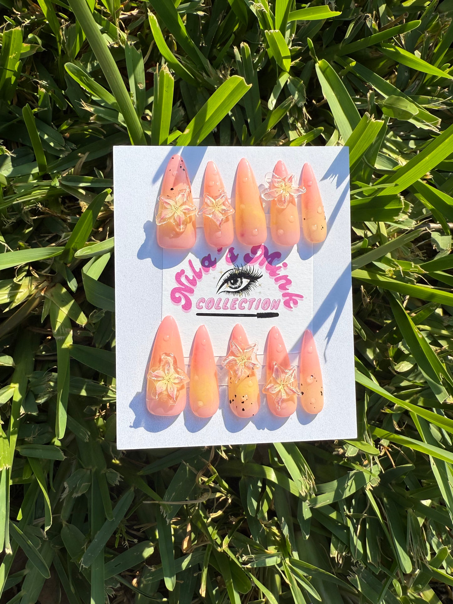Peachy Paradise Press-On Nail Set | Sunset Ombre, 3D Floral Charms & Glossy Finish | Tropical Almond Nails | Handmade Summer Vibes