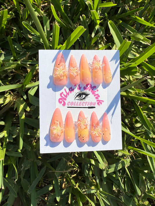 Peachy Paradise Press-On Nail Set | Sunset Ombre, 3D Floral Charms & Glossy Finish | Tropical Almond Nails | Handmade Summer Vibes