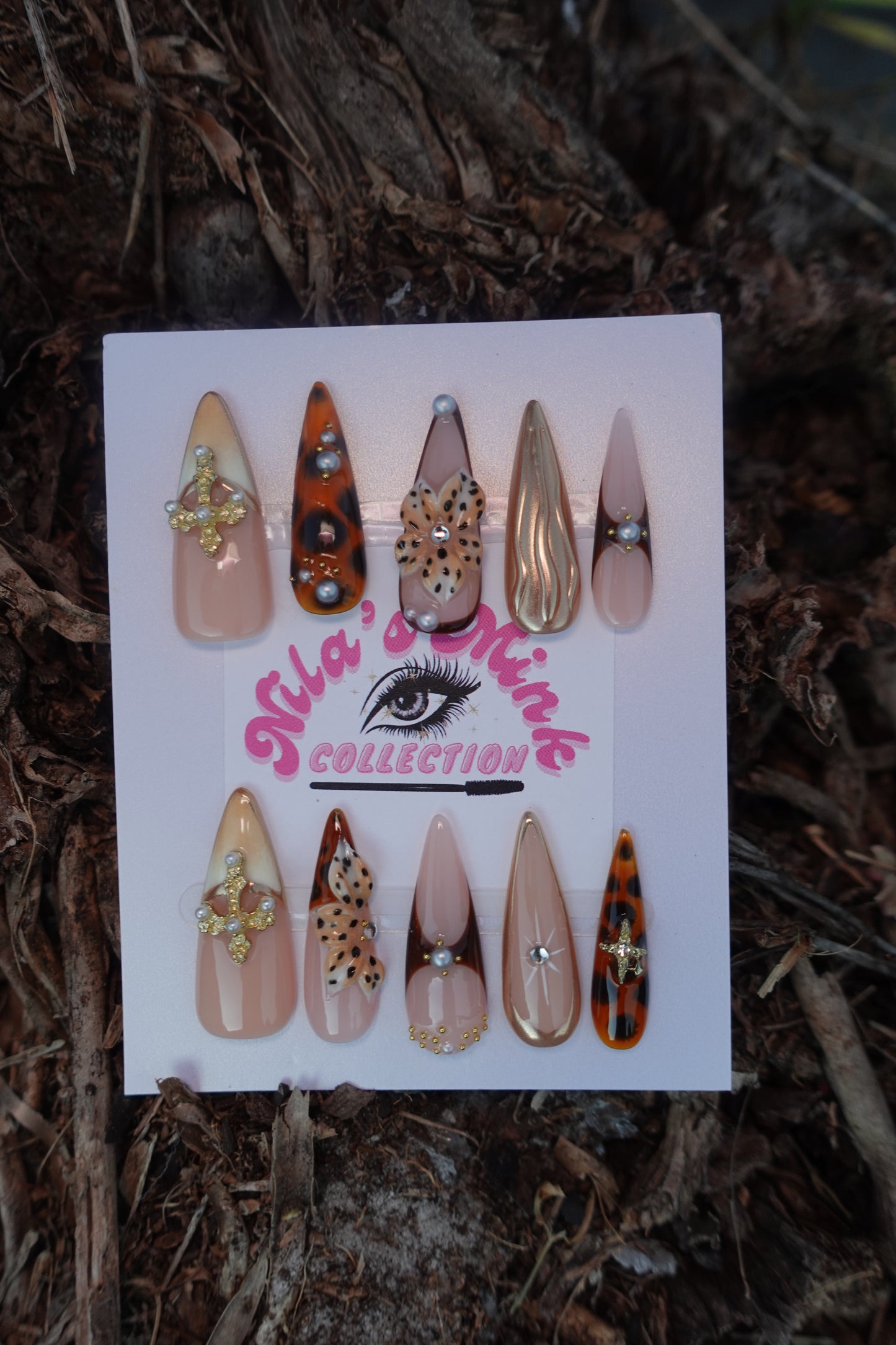 Luxe Safari Chic Press-On Nail Set | Gold & Tortoise-Shell Nails | 3D Floral Charms | Glam Stiletto Nail Art ( FREE BRACELET)