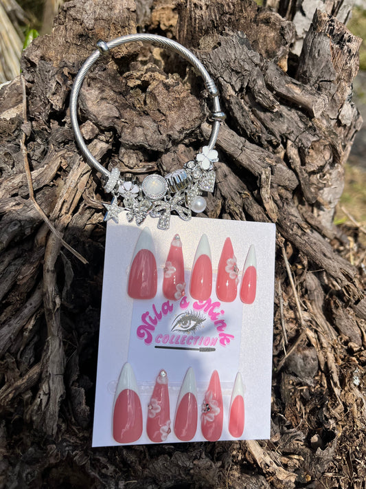 Soft Bloom Frenchies” Press-On Nail Set | Pink & White French Tips | 3D Floral Accents | Girly Elegance Nails ( FREE BRACELET)