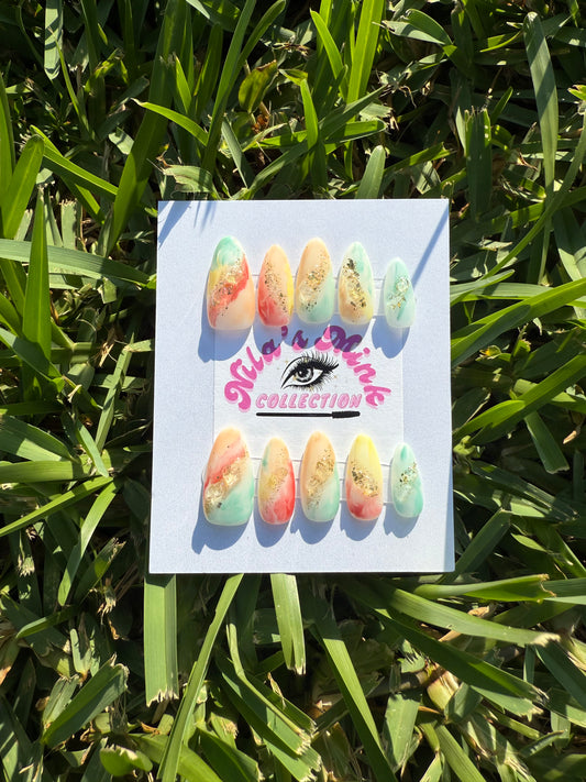 Tropical Mirage Press-On Nail Set | Watercolor Pastels with Gold Foil | Soft Almond Shape | Handmade Dreamy Nails