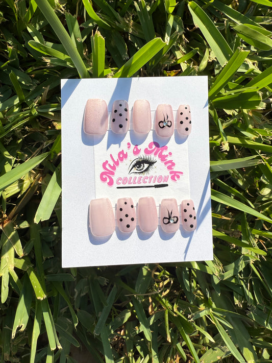 Polka Dot Chic Press-On Nail Set | Matte Blush Pink with Black Dots & Bow Accents | Cute & Playful | Short Square Shape